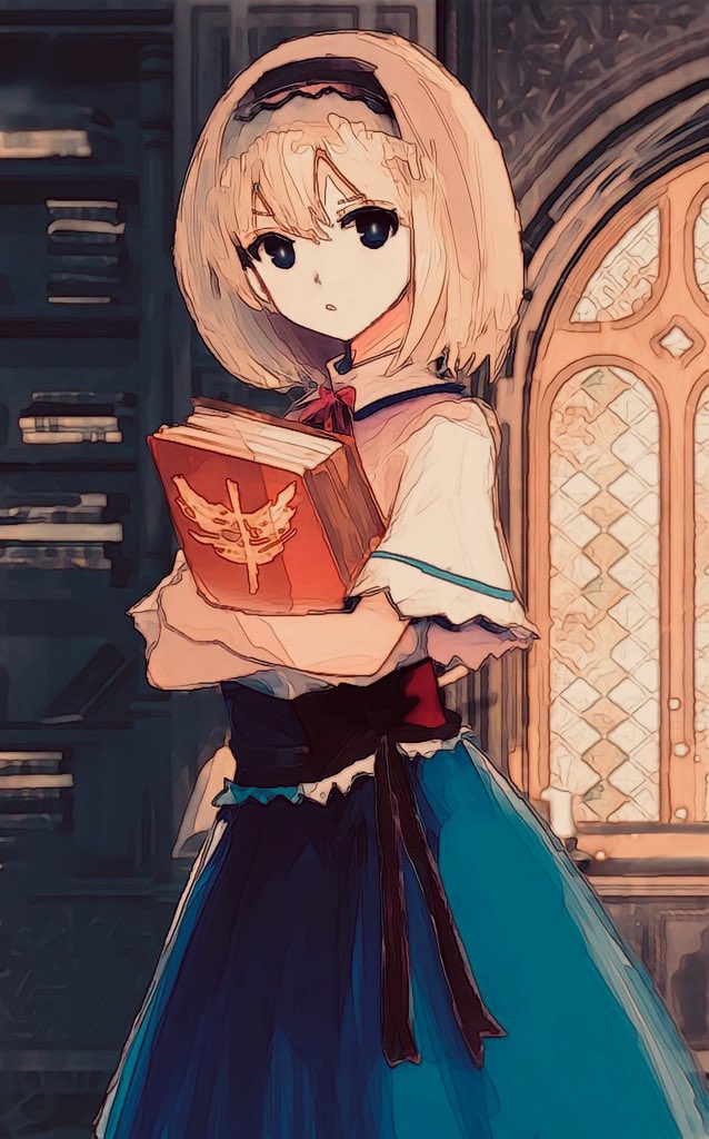 1girl alice_margatroid blonde_hair blue_eyes book book_stack bookshelf breasts crossed_arms dress hairband holding holding_book irumina777 looking_at_viewer medium_breasts medium_hair touhou wall window