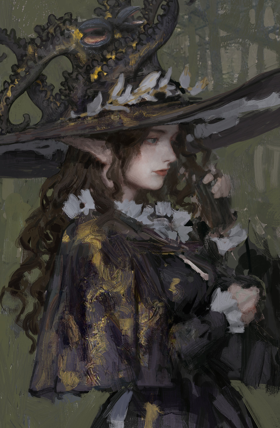 1girl black_capelet black_dress black_headwear brown_hair capelet closed_mouth dress forest frilled_sleeves frills from_side hat highres lips long_hair long_sleeves lucaxu1991 nature nose original painterly patterned pointy_ears profile solo standing upper_body wavy_hair witch witch_hat