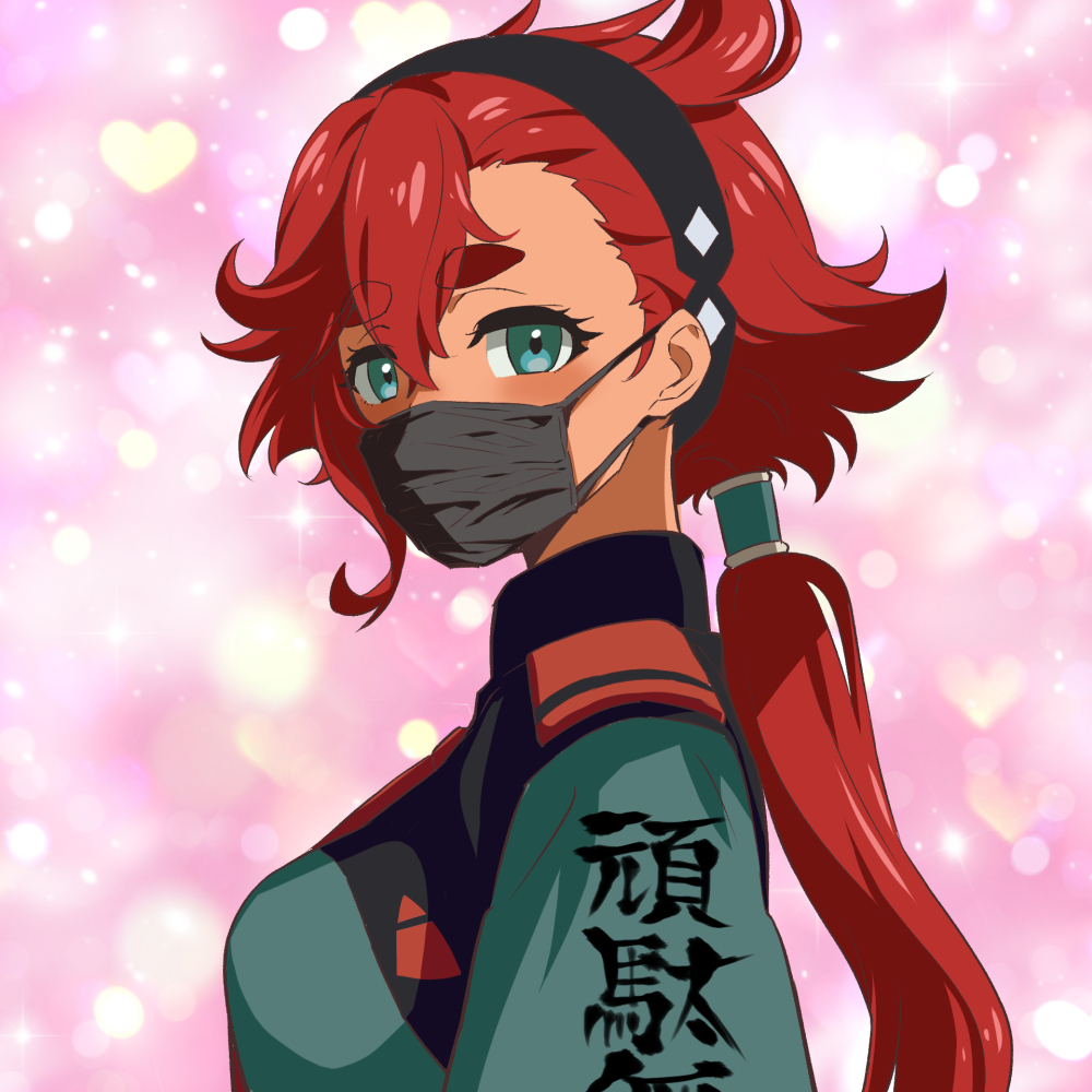 1girl aqua_eyes asticassia_school_uniform black_surgical_mask clothes_writing commentary_request delinquent from_side gundam gundam_suisei_no_majo hairband heart long_hair looking_at_viewer looking_to_the_side low_ponytail mask mouth_mask nakahira_guy pink_background redhead school_uniform single_hair_tube solo sparkle suletta_mercury surgical_mask thick_eyebrows upper_body