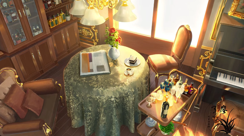 alcohol artist_logo bottle cake ceiling_light chair cup drinking_glass flower food glass_bottle indoors instrument liquor no_humans original piano plate saucer scenery shelf table teacup vase window wine_bottle wine_glass xingzhi_lv