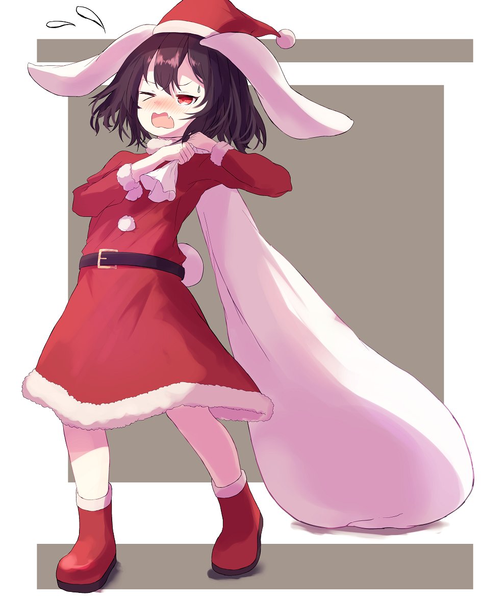 &gt;_o 1girl alternate_costume animal_ears ar_(maeus) fang floppy_ears flying_sweatdrops full_body holding holding_sack inaba_tewi one_eye_closed open_mouth petite rabbit_ears sack santa_costume skin_fang solo standing struggling touhou