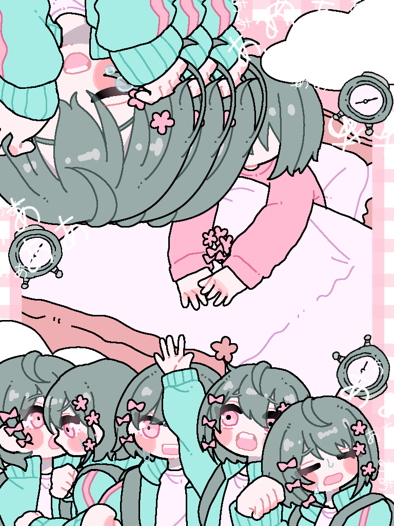 1girl alarm_clock aqua_jacket arm_up backpack bag bed black_hair blush_stickers bow clock clouds collage commentary_request flower hair_bow hair_flower hair_ornament hands_on_own_face jacket kyu-kurarin_(cevio) long_sleeves multiple_hair_bows open_clothes open_jacket pajamas pink_background pink_bow pink_eyes pink_flower pink_pajamas pink_shirt pink_theme plaid plaid_background pon_(kaeponpopopo) sad_smile screaming shirt short_hair sitting sweat tears track_jacket translation_request under_covers wiping_tears