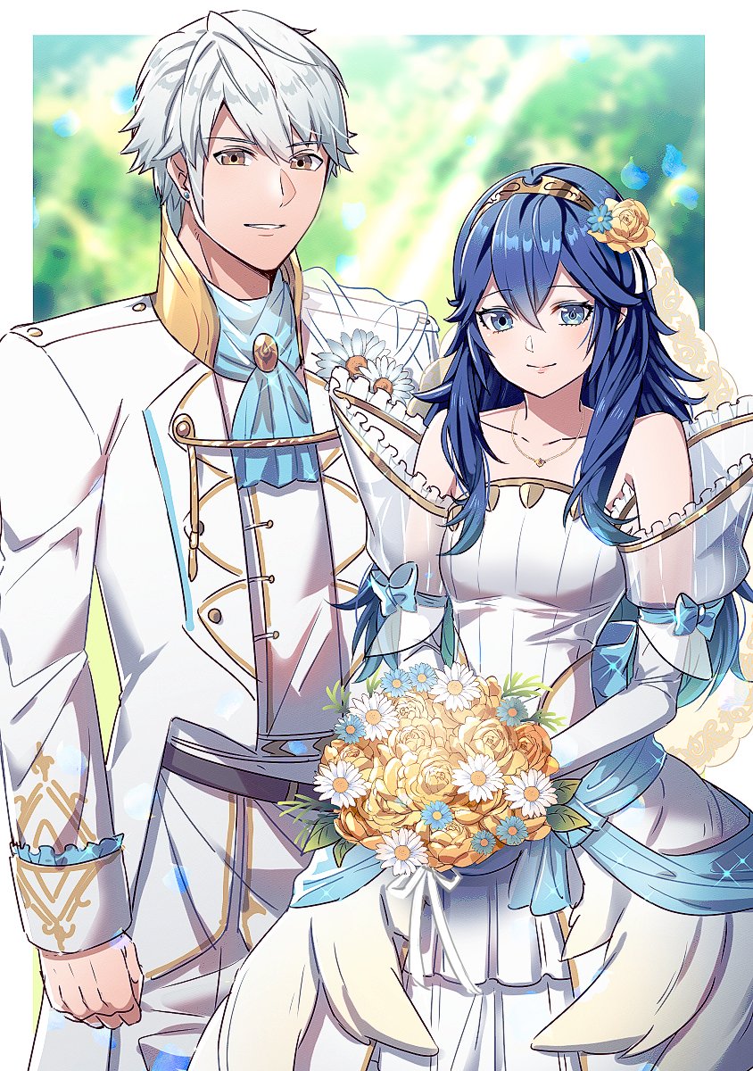 1boy 1girl ameno_(a_meno0) ascot bare_shoulders belt blue_ascot blue_eyes blue_hair bouquet bride_(fire_emblem) brown_belt brown_eyes closed_mouth collarbone commentary couple detached_sleeves dress fire_emblem fire_emblem_awakening fire_emblem_heroes flower formal grin groom hair_between_eyes hair_flower hair_ornament highres holding holding_bouquet jewelry long_hair long_sleeves looking_at_viewer lucina_(fire_emblem) necklace official_alternate_costume robin_(fire_emblem) robin_(male)_(fire_emblem) robin_(male)_(groom)_(fire_emblem) rose see-through short_hair smile suit tiara wedding_dress white_dress white_flower white_hair white_sleeves white_suit yellow_flower yellow_rose