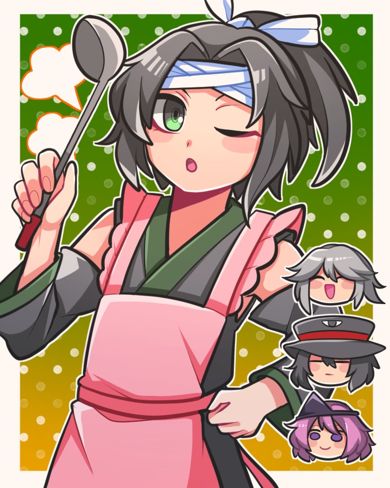 1jumangoku 4others =_= annoyed apron bandana black_hair black_sleeves blush_stickers bow chibi clenched_hand closed_eyes detached_sleeves enraku_tsubakura frilled_apron frills gradient_background green_background green_eyes hair_bow hand_on_own_hip hat head_only holding holding_spoon houlen_yabusame jinbei_(clothes) jinbei_(len'en) ladle len'en multiple_others one_eye_closed open_mouth orange_background pink_apron pink_hair polka_dot polka_dot_background ponytail shion_(len'en) short_hair_with_long_locks spoon top_hat triangular_headpiece violet_eyes white_bandana white_bow wide_sleeves