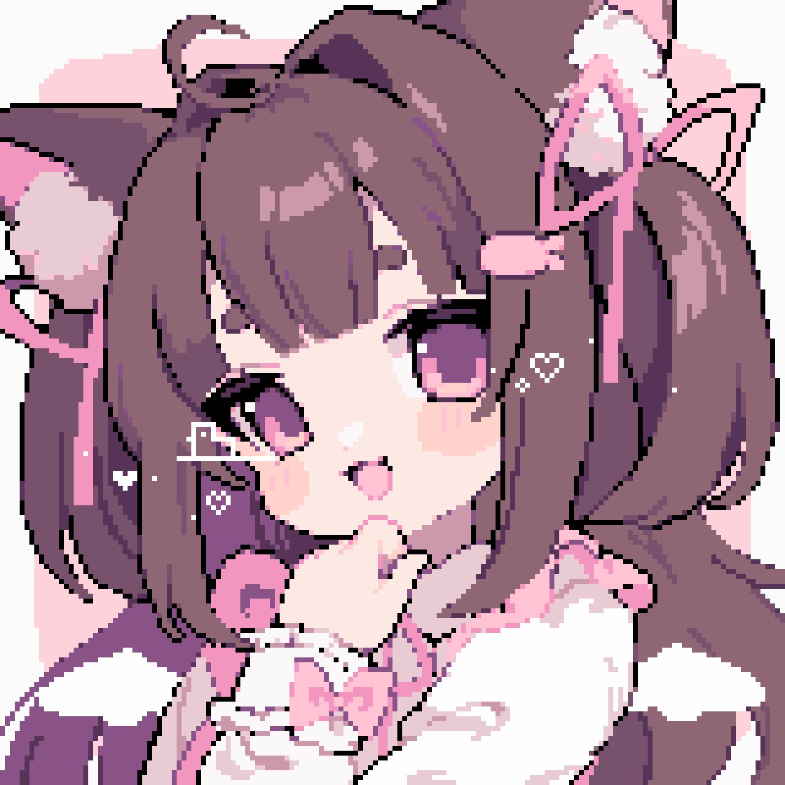 1girl ahiru_tokotoko ahoge animal_ear_fluff animal_ears blush_stickers brown_hair cat_ears commentary hair_intakes hair_ribbon highres hikimayu long_hair long_sleeves open_mouth original pink_eyes pink_ribbon pixel_art ribbon sleeve_bow smile solo symbol-only_commentary two_side_up