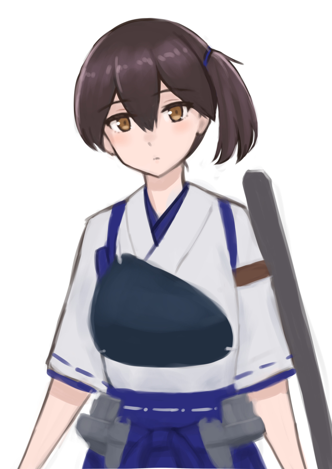 1girl black_hair blue_hakama brown_eyes closed_mouth hakama hakama_skirt highres japanese_clothes kaga_(kancolle) kantai_collection looking_at_viewer muneate ponytail porupurucha side_ponytail simple_background sketch skirt solo tasuki upper_body white_background