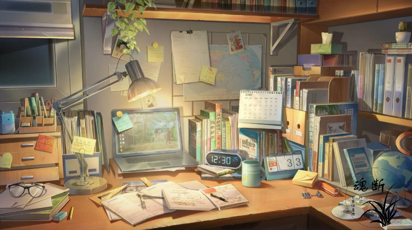 artist_logo binder book calendar_(object) clock coffee_mug compass computer cup desk desk_lamp digital_clock glasses globe indoors lamp laptop map mug no_humans notebook open_book original pencil plant scenery set_square stapler sticky_note tissue_box window xingzhi_lv