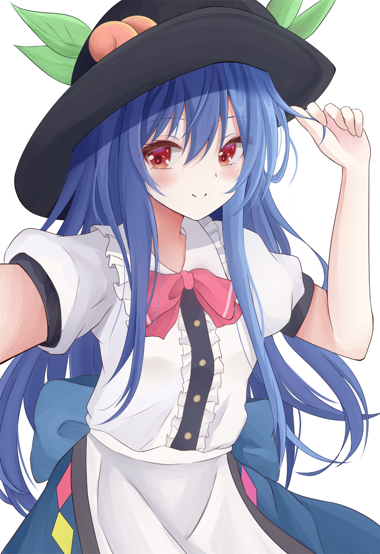 1girl atory black_headwear blue_hair blue_skirt bow bowtie center_frills closed_mouth food frills fruit hand_on_headwear hinanawi_tenshi leaf long_hair looking_at_viewer peach red_bow red_bowtie red_eyes short_sleeves sidelocks simple_background skirt smile solo touhou white_background