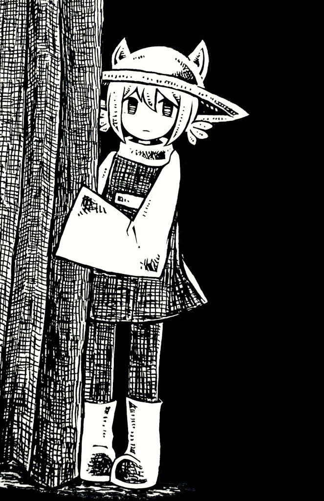 animal_ears boots cat_ears co8 forest hat hiding monochrome nature niko_(oneshot) oneshot_(game) socks tunic whiskers