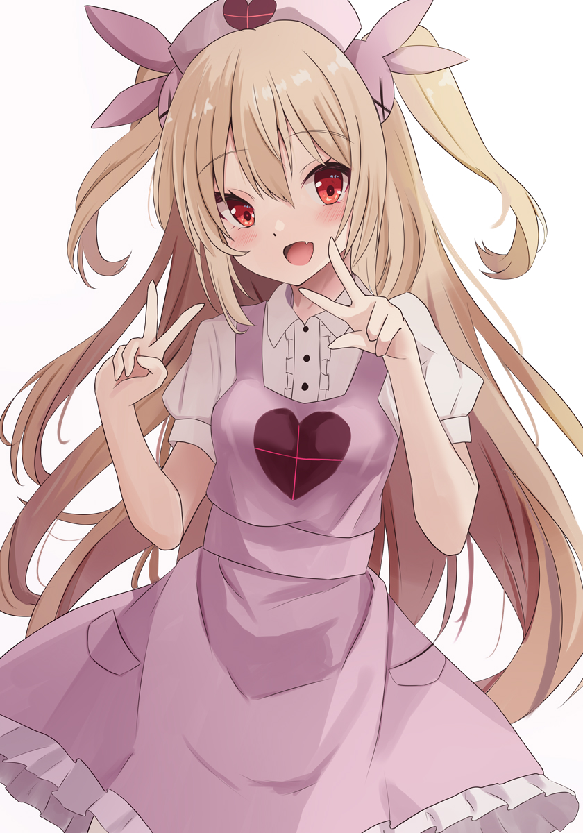 1girl apron atory commentary_request dress hat highres light_brown_hair long_hair natori_sana nurse_cap open_mouth pink_apron pink_dress pink_headwear red_eyes sana_channel short_sleeves simple_background solo two_side_up virtual_youtuber white_background