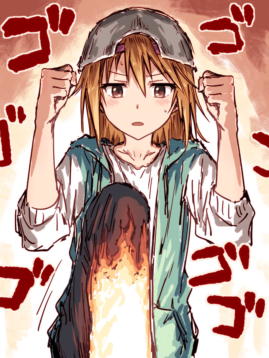 1girl aqua_hoodie backwards_hat baseball_cap blush brown_eyes burning clenched_hands commentary_request cowboy_shot diable_jambe feet_out_of_frame foot_up furukawa_wanosuke hands_up hat highres hood hood_down hoodie idolmaster idolmaster_cinderella_girls knee_up looking_down medium_hair multicolored_background one_piece open_clothes open_hoodie open_mouth orange_hair parody shirt sleeves_past_elbows solo sound_effects sweat translation_request v-shaped_eyebrows white_shirt white_sleeves yuuki_haru