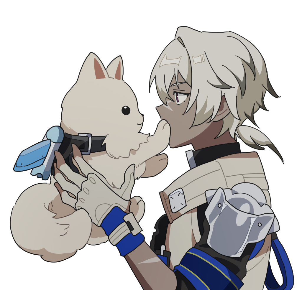 1boy animal arlan_(honkai:_star_rail) armor backpack bag collar colored_tips commentary covering_mouth dark-skinned_male dark_skin dog from_side gloves grey_hair holding holding_animal holding_dog honkai:_star_rail honkai_(series) jacket male_focus multicolored_hair peppy_(honkai:_star_rail) ponytail profile red_eyes rocket scar scar_on_face scar_on_nose short_hair short_ponytail short_sleeves simple_background udeudede upper_body white_background white_gloves white_hair white_jacket