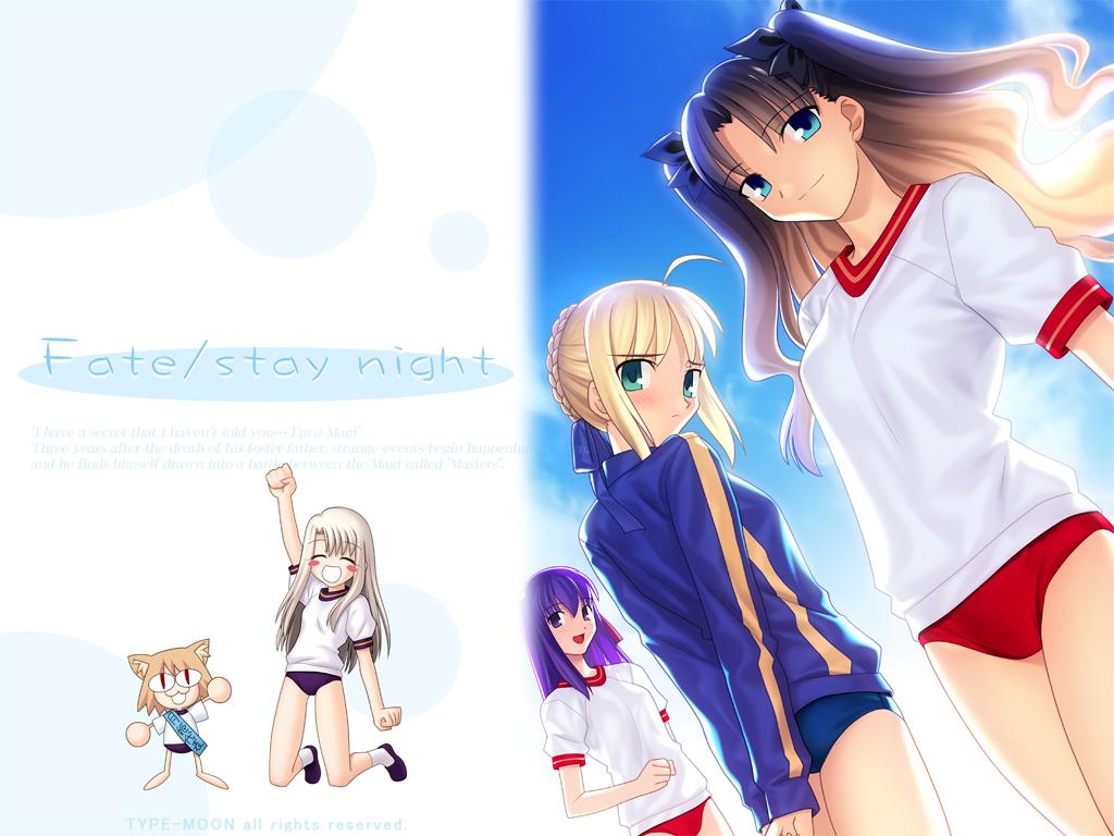 bloomers buruma fate/stay_night fate_(series) fujimura_taiga gym_uniform illyasviel_von_einzbern matou_sakura multiple_girls nekoarc saber takeuchi_takashi tohsaka_rin toosaka_rin type-moon