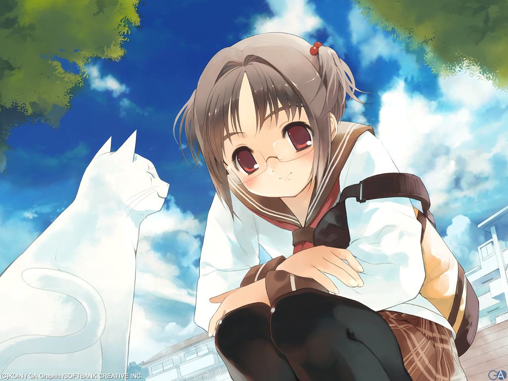 bag brown_hair cat cloud from_below gagraphic glasses hair_bobbles hair_ornament house koin koin_(foxmark) leaf pantyhose plaid plaid_skirt pleated_skirt red_eyes school_uniform serafuku short_twintails sitting skirt sky solo twintails wallpaper