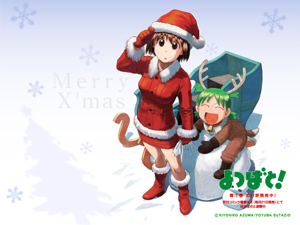 ayase_fuuka azuma_kiyohiko christmas koiwai_yotsuba quad_tails reindeer_costume santa_costume santa_hat sleigh snow snowflakes wallpaper yotsubato!