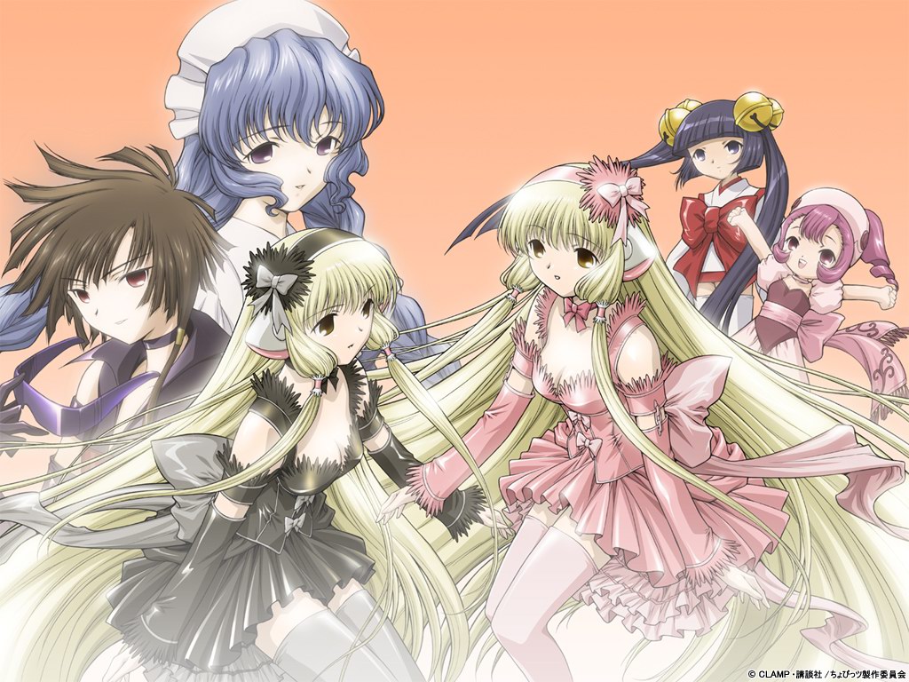 6+girls android black_hair blonde_hair blue_hair brown_hair chii chobits dita elda everyone freya gothic_lolita kotoko lolita_fashion long_hair multiple_girls official_art pink_hair robot_ears short_hair sumomo thighhighs yuzuki