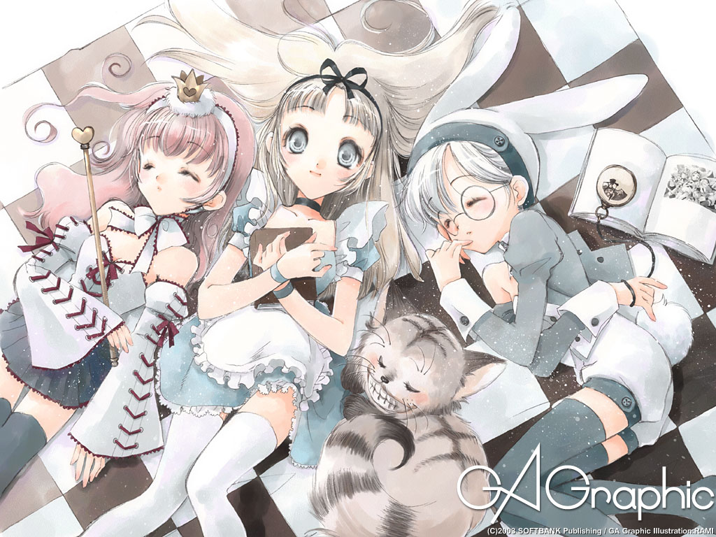 alice_in_wonderland animal_ears blonde_hair blue_hair book brown_hair bunny_ears bunny_tail card cat cheshire_cat closed_eyes crown detached_sleeves dress gagraphic glasses grin hairband hato_rami long_hair lying magical_girl pink_hair pocket_watch queen_of_hearts sleeping smile tail thighhighs wallpaper wand watch white_hair white_legwear white_rabbit zettai_ryouiki
