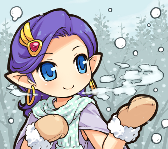 1girl bella_(dq5) blue_eyes breath dragon_quest dragon_quest_v earrings hair_ornament jewelry mittens mizuno_mumomo pointy_ears purple_hair smile snowing solo tree winter