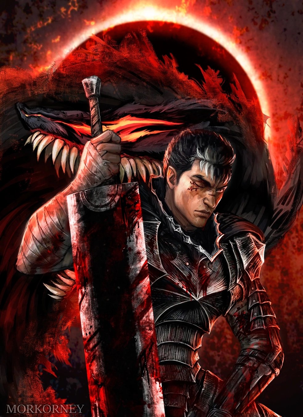 1boy armor artist_name bandaged_arm bandages berserk berserker_armor black_armor black_cape black_hair blood blood_on_face blood_on_weapon cape closed_mouth commentary dragonslayer_(sword) english_commentary glowing glowing_eyes greatsword guts_(berserk) highres holding holding_sword holding_weapon male_focus morkorney multicolored_hair one_eye_closed prosthesis prosthetic_arm scar scar_on_face scar_on_nose sharp_teeth short_hair shoulder_armor spiky_hair streaked_hair sword teeth weapon