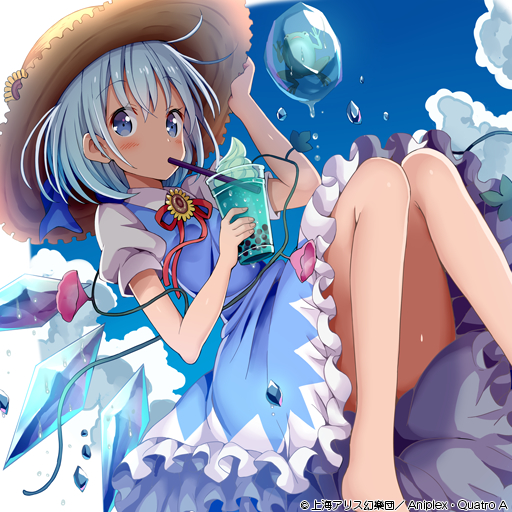 album_cover alternate_headwear bare_legs barefoot blue_bow blue_dress blue_eyes blue_hair blue_sky bow bubble_tea check_commentary cirno clouds collared_shirt commentary commentary_request cover dress drinking_straw fairy_wings floating flower frozen_frog givuchoko hair_bow hat holding holding_clothes holding_hat ice ice_wings levitation long_bangs official_art pinafore_dress pink_flower plant puffy_short_sleeves puffy_sleeves red_ribbon ribbon shirt short_hair short_sleeves sky sleeveless sleeveless_dress sun_hat sunflower tanned_cirno touhou touhou_cannonball vines white_shirt wings