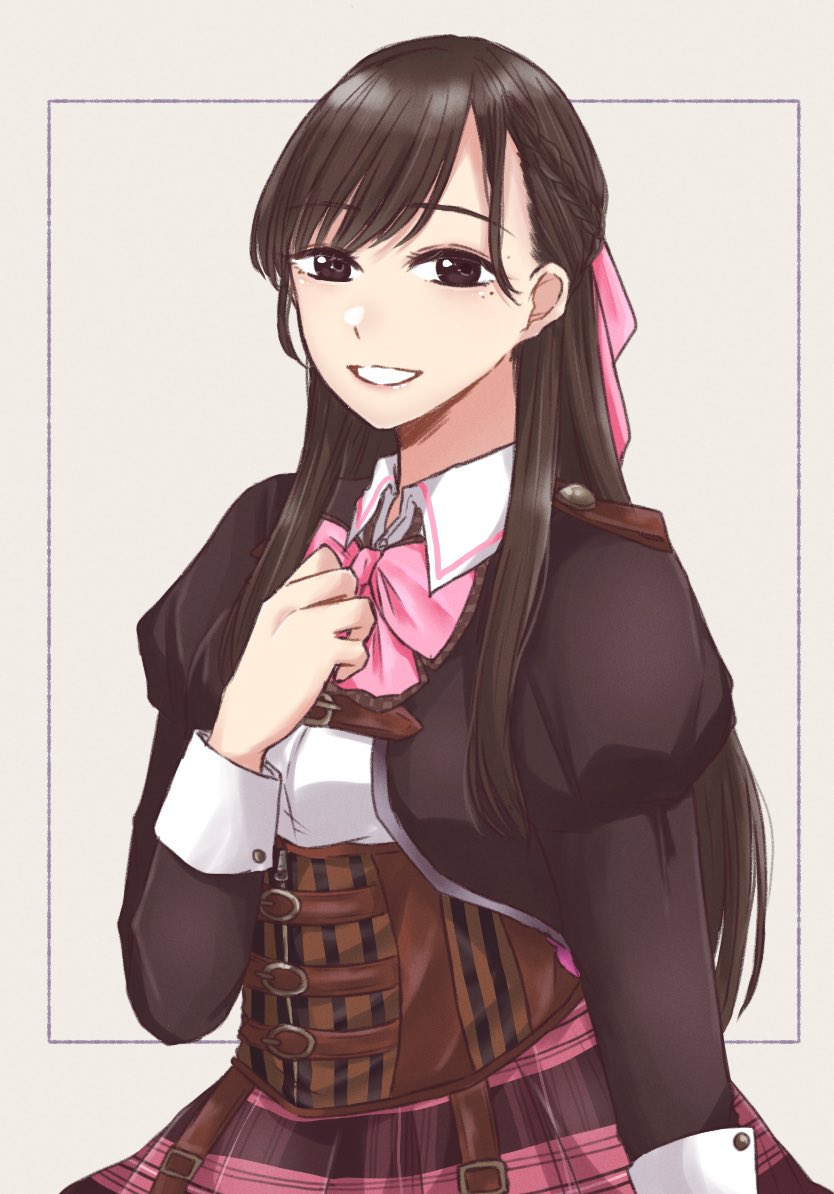 1girl arm_at_side assault_lily belt belt_buckle bow bowtie braid brown_belt brown_eyes brown_hair brown_jacket buckle collared_shirt commentary_request corset cowboy_shot framed french_braid fukuyama_jeanne_sachie grey_background grin hair_behind_ear hair_bow hand_on_own_chest hand_up jacket juliet_sleeves long_hair long_sleeves looking_at_viewer ludvico_private_girls'_academy_school_uniform mole mole_under_eye multiple_belts nigari_(ngari_0115) open_clothes open_jacket outside_border parted_lips pink_bow pink_bowtie pink_skirt plaid plaid_skirt puffy_sleeves school_uniform shirt sidelocks simple_background skirt smile solo underbust white_shirt zipper_pull_tab