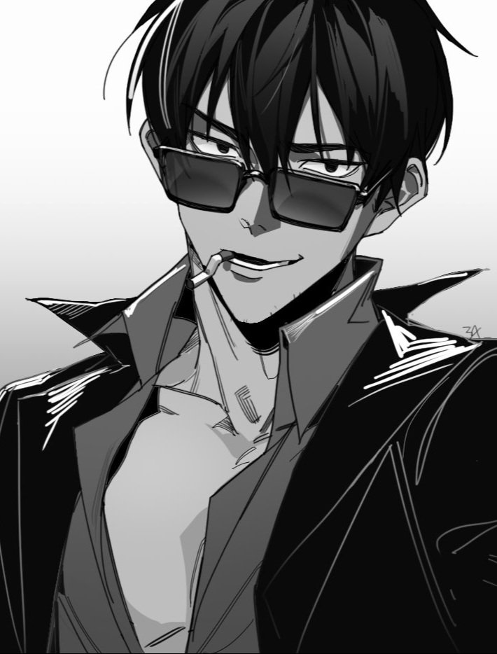 1boy cigarette collared_shirt facial_hair greyscale jacket just_punisher looking_at_viewer male_focus monochrome mouth_hold nicholas_d._wolfwood open_mouth partially_unbuttoned shirt short_hair smile solo sunglasses trigun trigun_stampede