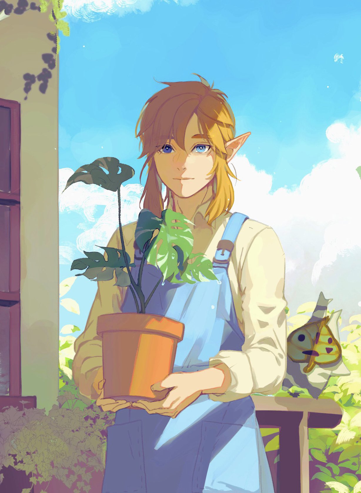 1girl androgynous apron blonde_hair blue_apron blue_eyes blue_sky closed_mouth clouds cloudy_sky cowboy_shot day eorinamo highres holding holding_plant house leaf link long_hair long_sleeves looking_at_viewer outdoors plant pointy_ears potted_plant shirt sky the_legend_of_zelda white_shirt