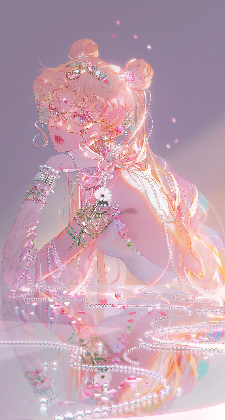 1girl bare_back bare_shoulders bishoujo_senshi_sailor_moon blonde_hair bracelet breasts closed_mouth dress earrings elbow_gloves flower from_side glasses gloves gold_trim green_flower hair_flower hair_ornament hand_up highres jewelry leaf lips long_hair looking_at_viewer medium_breasts mian_lang necklace pearl_bracelet pearl_earrings pearl_hair_ornament pearl_necklace petals pink_background pink_flower pink_rose purple_background red_flower red_rose reflection rose simple_background sitting sleeveless sleeveless_dress smile solo sparkle star-shaped_eyewear star_(symbol) table tiara tsukino_usagi twintails violet_eyes white_dress white_flower white_gloves