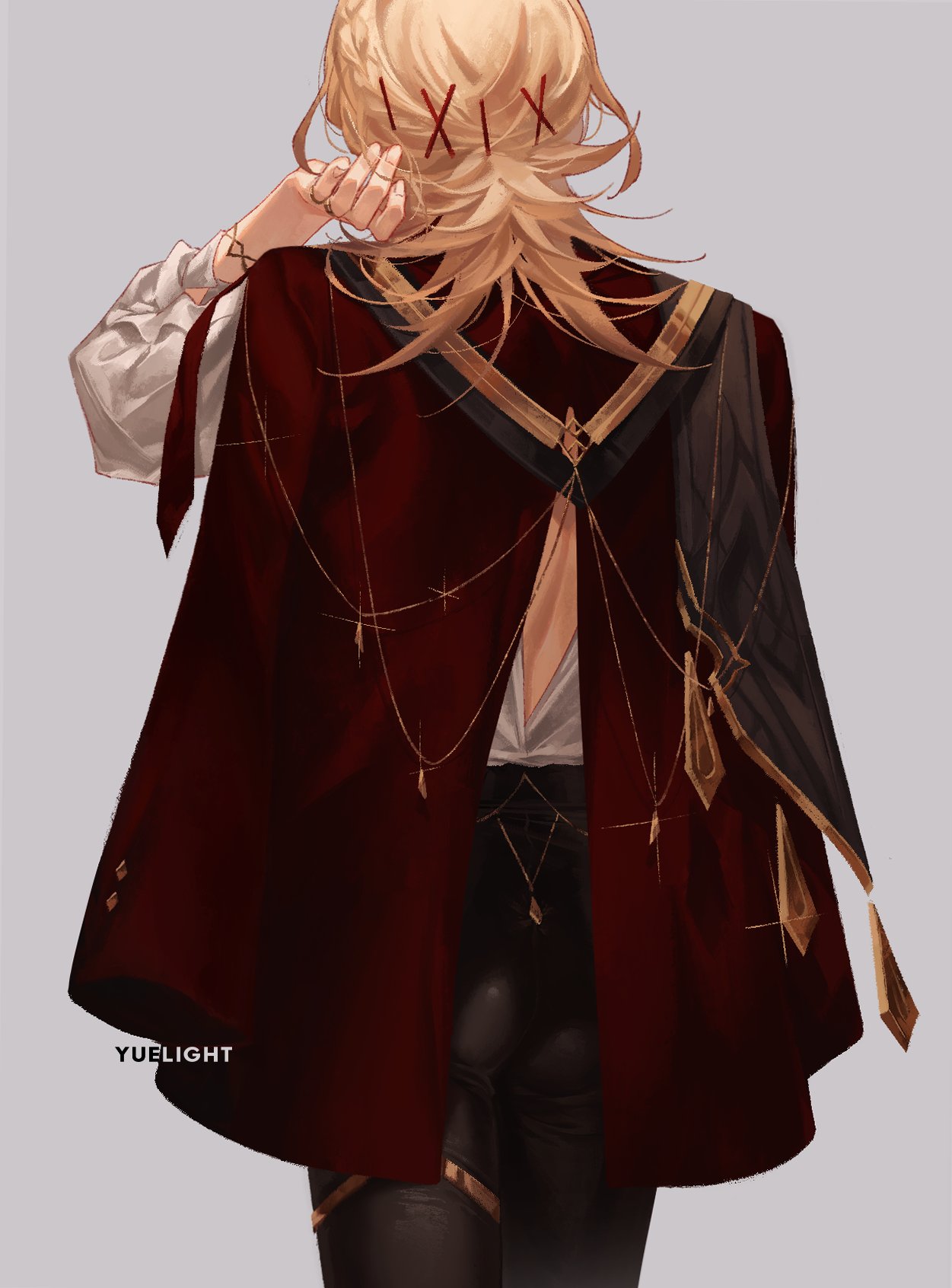 1boy artist_name back_cutout black_pants blonde_hair braid cape clothing_cutout commentary cowboy_shot english_commentary facing_away from_behind genshin_impact gold_trim grey_background hair_ornament hand_up highres kaveh_(genshin_impact) long_hair long_sleeves male_focus pants red_cape shirt simple_background single_braid solo standing white_shirt x_hair_ornament yuelight