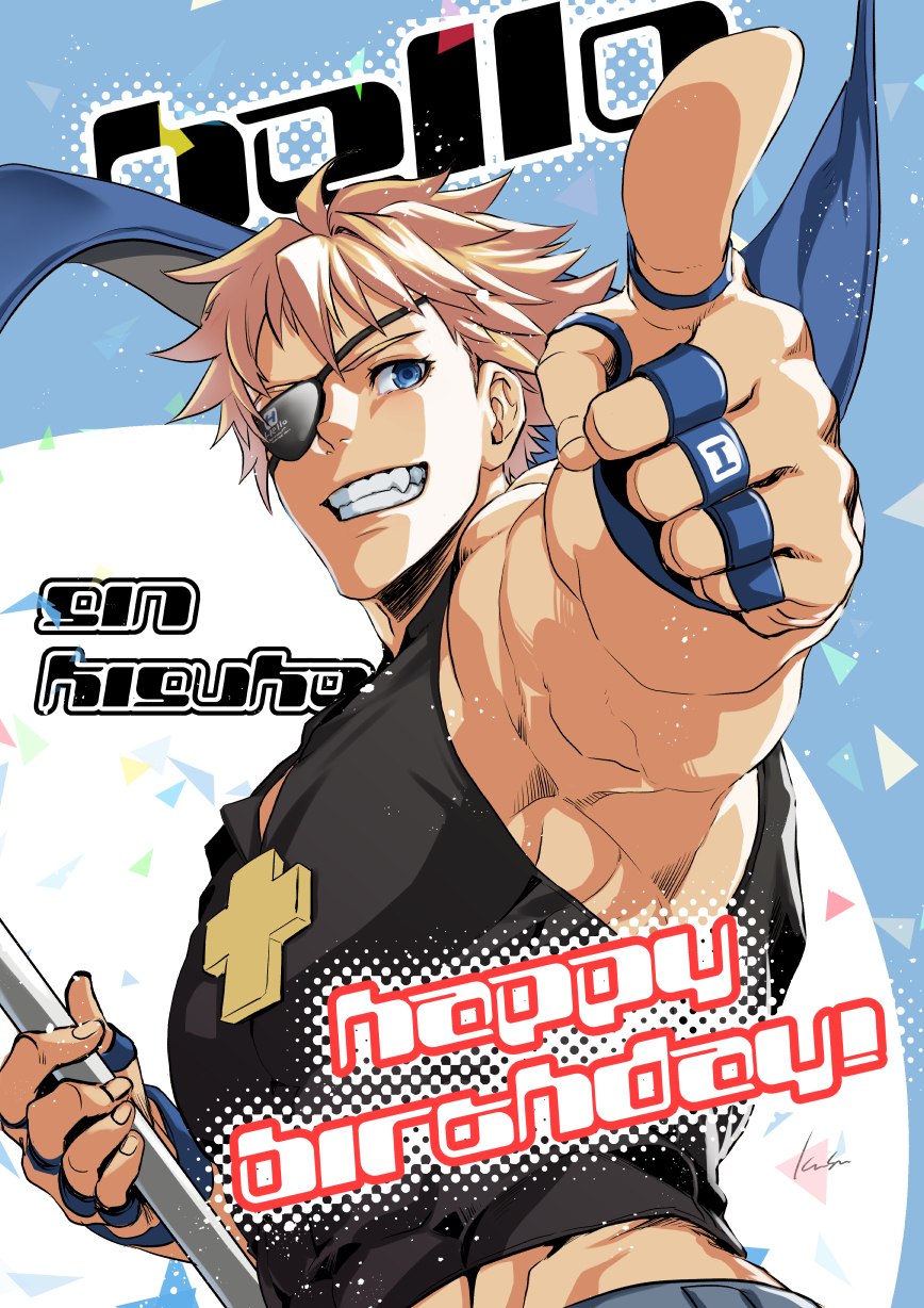 1boy blonde_hair blue_eyes character_name eyepatch flag flagpole grin guilty_gear guilty_gear_strive happy_birthday highres jewelry kusu_(moo1225) looking_at_viewer male_focus muscular muscular_male ring short_hair sin_kiske smile