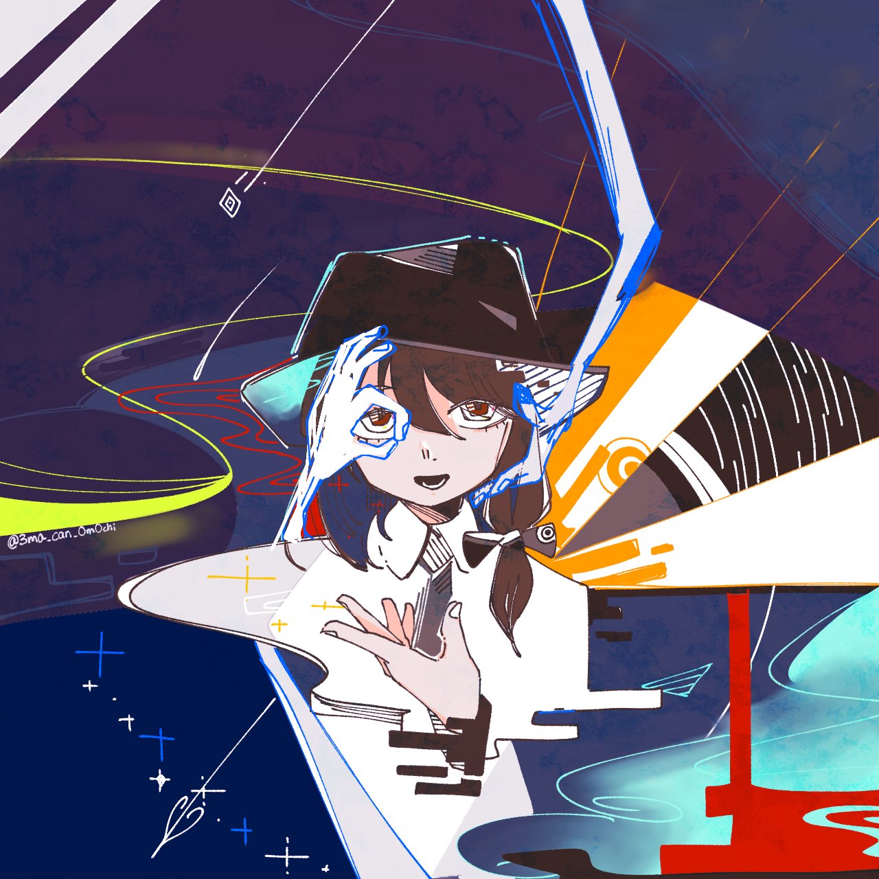 1girl 1other 3ma_can_omochi abstract_background alternate_eye_color black_bow black_headwear blue_hair bow brown_hair clock_hands collared_shirt colored_inner_hair commentary_request cropped_torso disembodied_limb eyelashes fedora grey_necktie hair_bow hand_on_another's_cheek hand_on_another's_face hand_up hat highres looking_at_viewer medium_hair multicolored_background multicolored_eyes multicolored_hair multiple_sources necktie ok_sign ok_sign_over_eye red_eyes sanpaku shirt shooting_star smile sparkle straight-on touhou twitter_username usami_renko white_eyes white_shirt