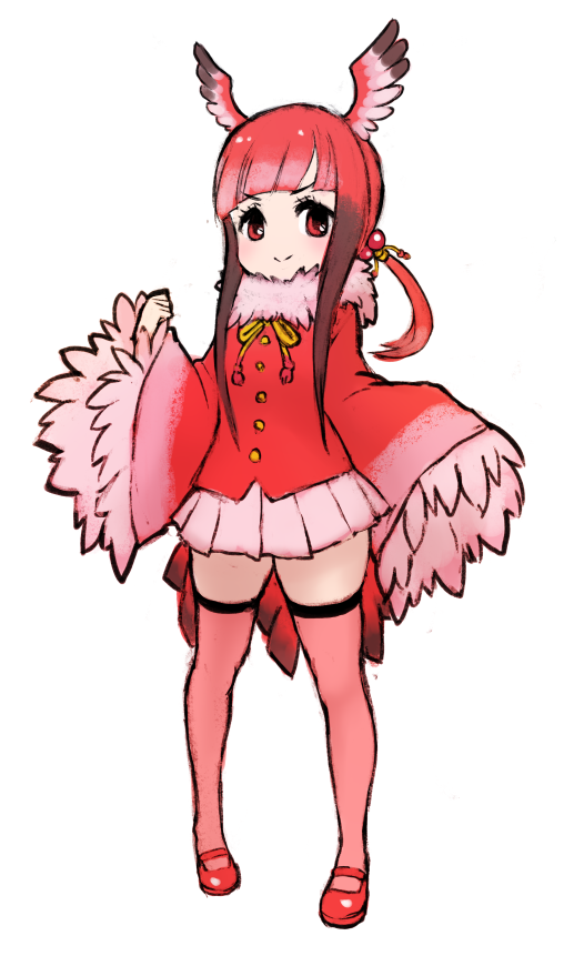 1girl bird_girl bird_tail bird_wings blunt_bangs bow bowtie brown_hair frilled_sleeves frills fur_collar hair_bobbles hair_ornament head_wings ise_(0425) kemono_friends long_sleeves looking_at_viewer mary_janes multicolored_hair pink_fur pink_skirt pleated_skirt red_eyes red_footwear red_shirt red_thighhighs redhead scarlet_ibis_(kemono_friends) shirt shoes short_twintails sidelocks skirt solo tail thigh-highs twintails wings yellow_bow yellow_bowtie zettai_ryouiki