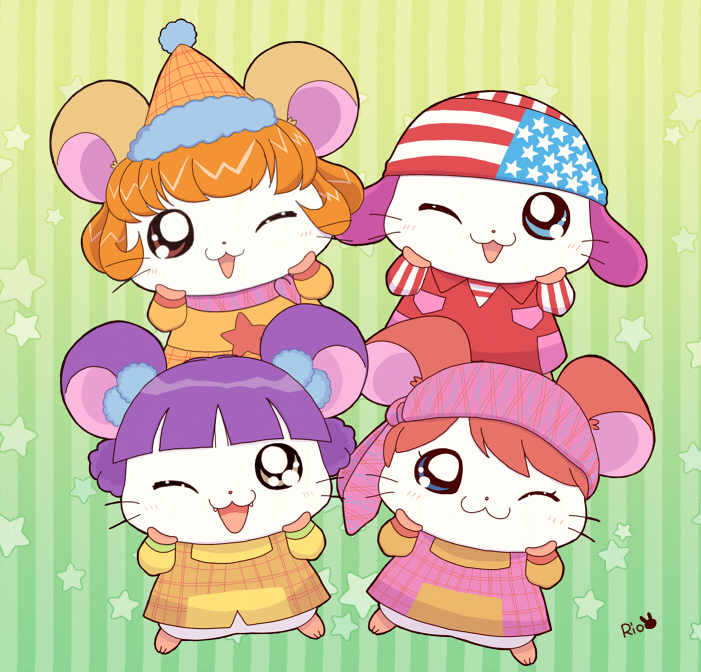 4girls ;3 ai~n_(hamtaro) american_flag american_flag_print animal_ear_fluff apron bandana blue_eyes brown_eyes dot_nose fangs flag_print furry furry_female good_(hamtaro) hamster hamtaro_(series) hands_on_own_cheeks hands_on_own_face hat light_blush long_sleeves merica_(hamtaro) multiple_girls no_humans nonno_(hamtaro) one_eye_closed open_mouth orange_hair party_hat rio_(rio0v0o) signature star_(symbol) striped striped_background violet_eyes whiskers white_fur