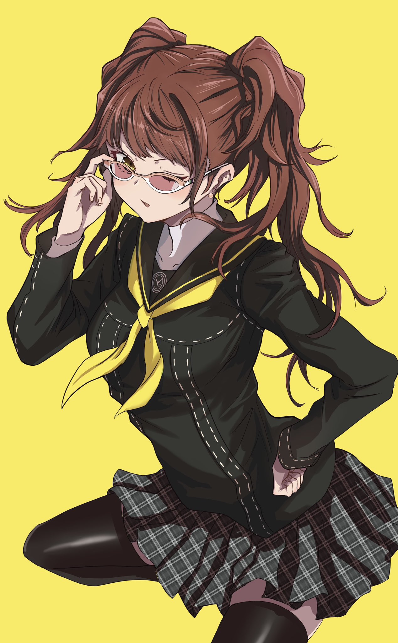 1girl birthday brown_hair commentary_request earrings glasses highres jewelry kujikawa_rise long_hair one_eye_closed open_mouth persona persona_4 s-m-53413 school_uniform serafuku simple_background skirt solo thigh-highs twintails yasogami_school_uniform yellow_background yellow_eyes