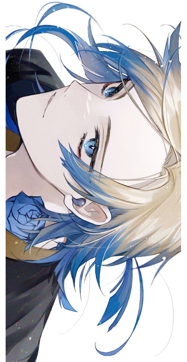 1boy black_shirt blonde_hair blue_eyes blue_hair blue_lock dos_vvv flower_tattoo gradient_hair long_hair looking_away male_focus michael_kaiser multicolored_hair neck_tattoo portrait shirt sideways simple_background smile solo tattoo two-tone_hair white_background