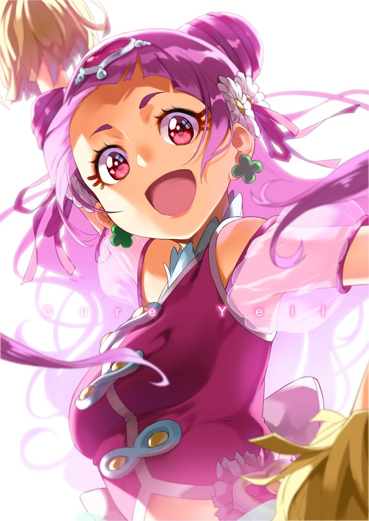 1girl breasts clover_earrings cone_hair_bun cure_yell earrings flower hair_bun hair_flower hair_ornament hair_ribbon heart heart_hair_ornament hugtto!_precure jewelry long_hair looking_at_viewer magical_girl navel nono_hana open_mouth pink_eyes pink_hair pink_shirt pink_skirt pom_pom_(cheerleading) precure ribbon shirt skirt small_breasts smile solo thick_eyelashes upper_body waist_brooch white_background yuuzii