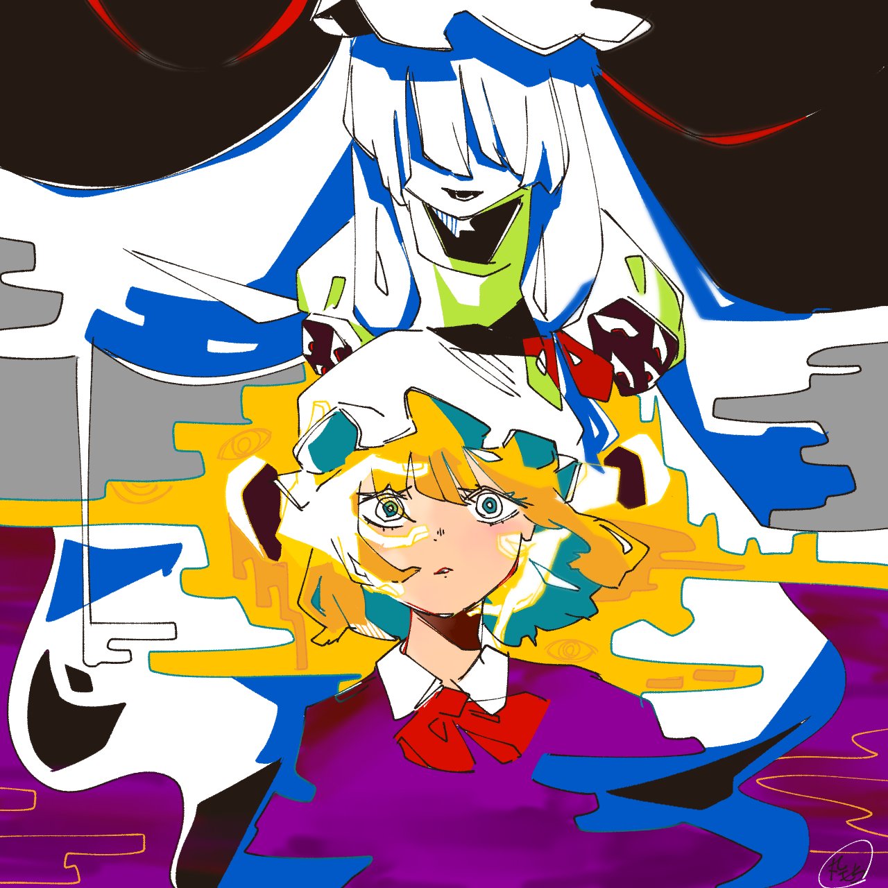 2girls 3ma_can_omochi abstract alternate_eye_color behind_another blonde_hair blue_eyes blue_hair bow bowtie collared_shirt colored_inner_hair commentary_request covered_eyes detached_arm disembodied_eye floating_hair hair_over_eyes hands_on_another's_face hat highres light_smile long_hair low_tied_sidelocks maribel_hearn mob_cap multicolored_eyes multicolored_hair multiple_girls multiple_sources open_mouth parted_lips puffy_short_sleeves puffy_sleeves purple_shirt red_bow red_bowtie red_eyes shirt short_hair short_sleeves sidelocks straight-on touhou upper_body very_long_hair white_eyes yakumo_yukari