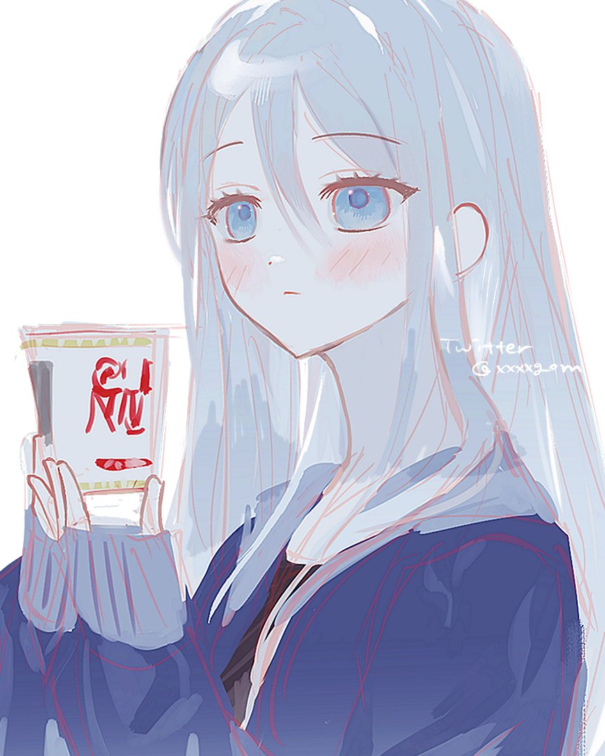 1girl blue_eyes blue_jacket blush closed_mouth cup_noodle hair_between_eyes jacket long_hair long_sleeves project_sekai ramen solo twitter_username upper_body very_long_hair white_background white_hair xxxxgom yoisaki_kanade