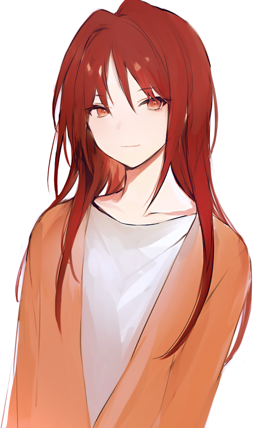 1girl closed_mouth collarbone hair_between_eyes jacket long_hair looking_at_viewer lpip open_clothes open_jacket orange_jacket original red_eyes redhead shirt simple_background smile solo upper_body very_long_hair white_background white_shirt