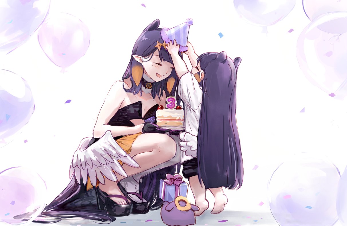 2girls animal_ears balloon barefoot black_gloves box child closed_eyes confetti dress female_child gift gift_box gloves happy_birthday hat high_heels holding holding_gift hololive hololive_english low_wings multiple_girls open_mouth party_hat pointy_ears purple_hair shirt shorts smile squatting standing takodachi_(ninomae_ina'nis) tentacle_hair virtual_youtuber wings yuuyu_(777)