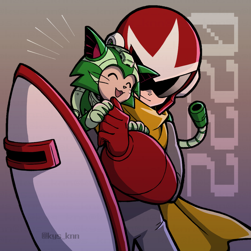 1boy cat cat_tail commentary_request helmet kys_knn male_focus mega_man_(classic) mega_man_(series) proto_man robot robot_cat scarf shade shield smile tail tango_(mega_man) yellow_scarf