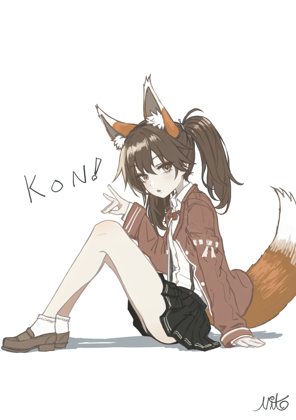 1girl animal_ear_fluff animal_ears black_skirt brown_eyes brown_footwear brown_hair collared_shirt fox_ears fox_shadow_puppet fox_tail full_body hair_between_eyes highres japanese_clothes kantai_collection kariginu ko~n long_hair long_sleeves magatama nito_(nshtntr) open_mouth pleated_skirt ryuujou_(kancolle) shirt shoes signature simple_background skirt socks solo suspender_skirt suspenders tail twintails white_background white_shirt white_socks