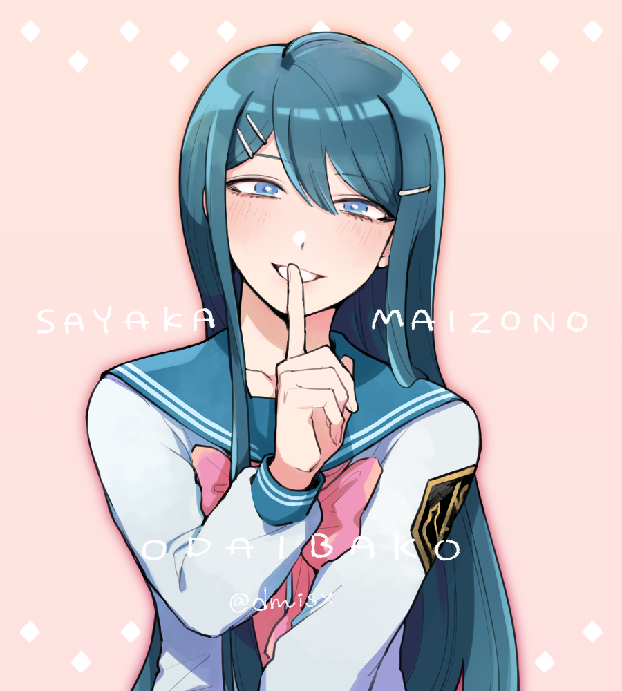 1girl blue_eyes blush bow bowtie character_name danganronpa:_trigger_happy_havoc danganronpa_(series) finger_to_mouth green_hair green_sailor_collar grey_shirt grin index_finger_raised long_hair long_sleeves maizono_sayaka pink_background pink_bow pink_bowtie sailor_collar school_uniform shimada_(dmisx) shirt smile solo teeth upper_body