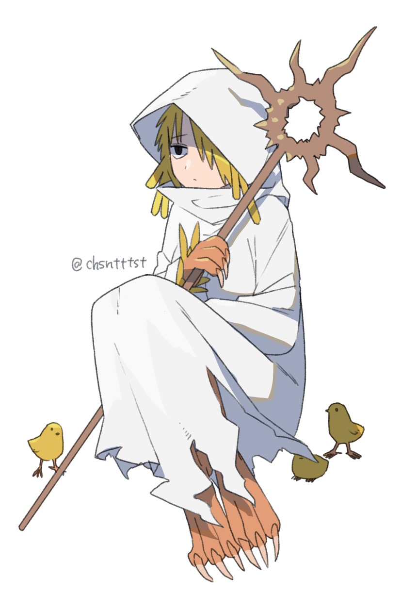 1girl :/ animal animal_feet animal_hands artist_name bird black_eyes blonde_hair chick claws closed_mouth feather_hair full_body hand_up harpy highres holding holding_staff hood hood_up hooded_robe kizuta_(barometz) long_hair long_sleeves monster_girl original robe simple_background sitting solo staff talons torn_robe twitter_username white_background white_robe