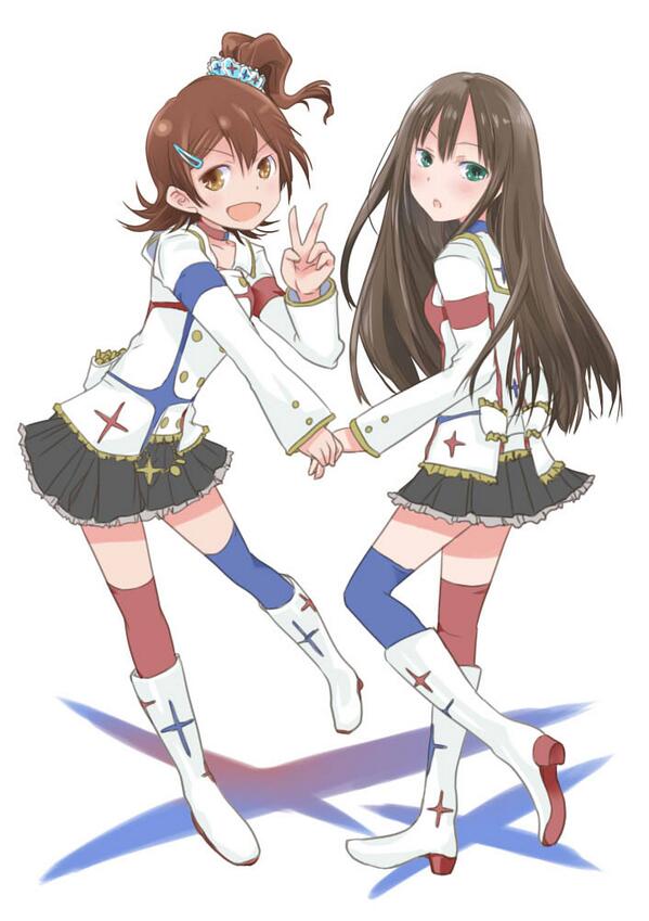 2girls :d asymmetrical_legwear black_skirt blue_scrunchie blue_thighhighs blush boots bow breasts brown_eyes brown_hair collarbone dot_nose frilled_skirt frills full_body green_eyes hair_bow hair_ornament hair_scrunchie hairclip hand_grab hand_up idolmaster idolmaster_(classic) idolmaster_cinderella_girls idolmaster_cinderella_girls_starlight_stage idolmaster_million_live! idolmaster_million_live!_theater_days idolmaster_movie jacket kasuga_mirai long_hair long_sleeves looking_at_viewer looking_back medium_breasts miniskirt mismatched_legwear multiple_girls one_side_up open_mouth red_thighhighs scrunchie seiryuu_(blue_dragon) shibuya_rin simple_background skirt smile standing standing_on_one_leg starpiece_memories_(idolmaster) thigh-highs two-tone_choker v v-shaped_eyebrows white_background white_footwear white_jacket