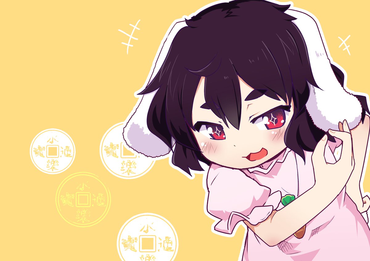 +++ +_+ 1girl :3 :d animal_ears black_hair blush carrot_necklace dress floppy_ears inaba_tewi jewelry kanisawa_yuuki looking_at_viewer necklace open_mouth outline petite pink_dress rabbit_ears red_eyes short_hair simple_background smile solo touhou upper_body white_outline