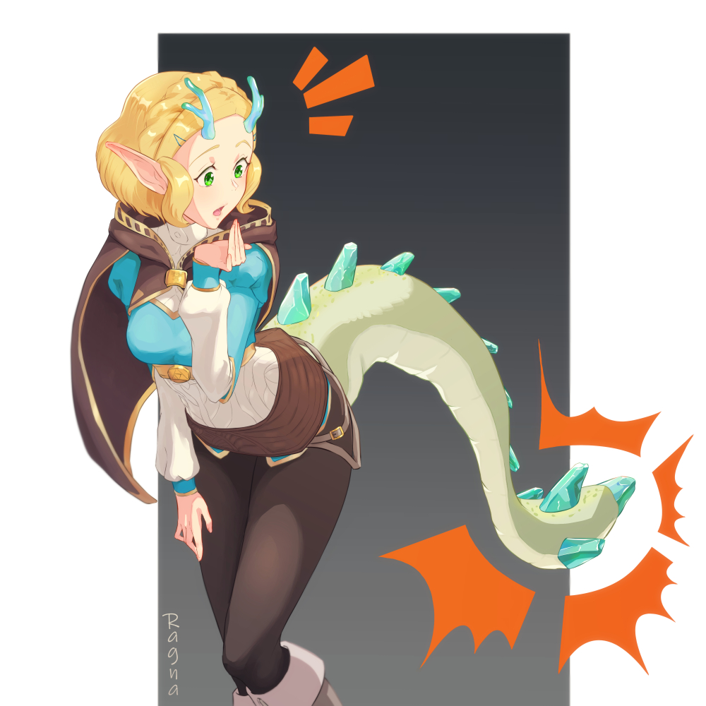 1girl artist_name black_pants blonde_hair blue_shirt blush braid commentary crown_braid dragon dragon_girl dragon_horns dragon_tail english_commentary green_eyes hair_ornament hairclip horns long_sleeves open_mouth pants pointy_ears princess_zelda ragnarathered shirt short_hair solo spoilers tail the_legend_of_zelda the_legend_of_zelda:_tears_of_the_kingdom western_dragon