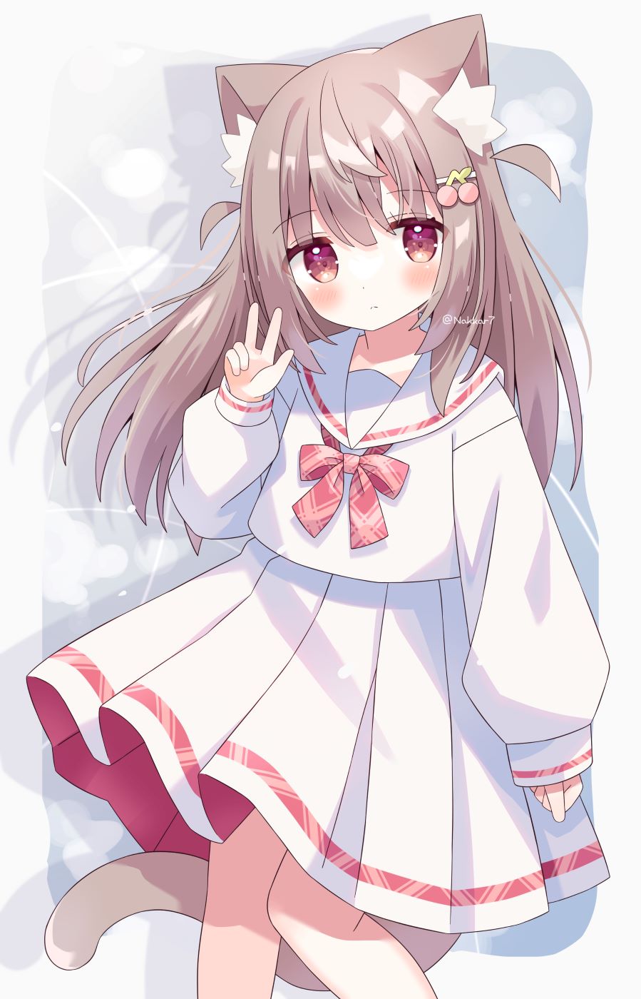 1girl animal_ear_fluff animal_ears blush bow brown_hair cat_ears cat_girl cat_tail cherry_hair_ornament closed_mouth commentary_request feet_out_of_frame food-themed_hair_ornament hair_between_eyes hair_ornament hairclip hand_up highres long_hair long_sleeves looking_at_viewer nakkar original plaid plaid_bow pleated_skirt puffy_long_sleeves puffy_sleeves red_bow red_eyes sailor_collar school_uniform serafuku shirt skirt sleeves_past_wrists solo standing tail two_side_up v very_long_hair white_sailor_collar white_serafuku white_shirt white_skirt