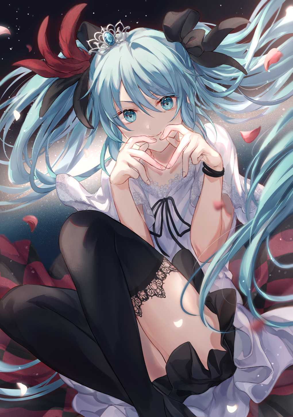 1girl black_bow black_footwear black_ribbon black_skirt blue_eyes blue_gemstone blue_hair boots bow bracelet closed_mouth commentary_request diadem floating_hair gem hair_between_eyes hair_bow hatsune_miku heart heart_hands highres jewelry long_hair looking_at_viewer minazuki_utciha miniskirt neck_ribbon partial_commentary pleated_skirt ribbon shirt short_sleeves skirt smile solo supreme_(module) thigh_boots twintails very_long_hair vocaloid white_shirt world_is_mine_(vocaloid)