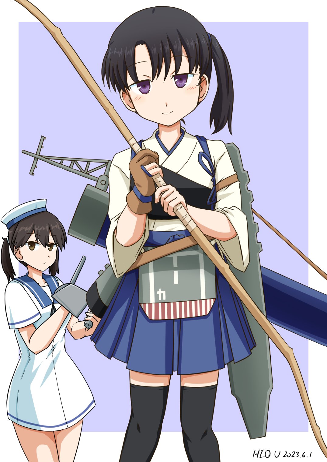 alternate_hairstyle artist_name black_thighhighs blue_hakama blue_skirt blush bow_(weapon) brown_hair cosplay costume_switch cowboy_shot dated dress expressionless fingerless_gloves gloves hairstyle_switch hakama hat highres hiqu holding holding_bow_(weapon) holding_weapon japanese_clothes kaga_(kancolle) kantai_collection kimono looking_at_viewer pleated_skirt sailor_collar sailor_hat shounan_(kancolle) side_ponytail skirt smile thigh-highs twintails violet_eyes weapon white_dress white_kimono